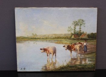 Oil On Canvas Representing Cows At The Edge Of The Pond About 1900