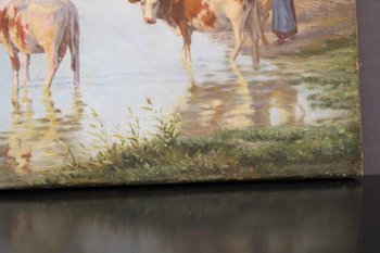 Oil On Canvas Representing Cows At The Edge Of The Pond About 1900