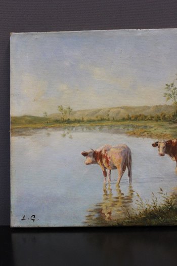 Oil On Canvas Representing Cows At The Edge Of The Pond About 1900