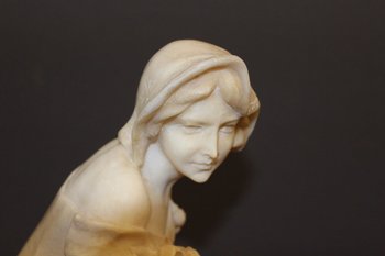 Alabaster Sculpture of a Young Woman with Roses About 1900