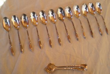 Box 12 mocha spoons + silver sugar tongs "Russian style" handles ERCUIS (ref MA 0475)