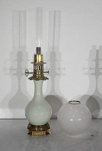 Pair of Celadon and Bronze Oil Lamps, Napoleon III period - Mid 19th century