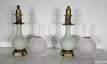 Pair of Celadon and Bronze Oil Lamps, Napoleon III period - Mid 19th century