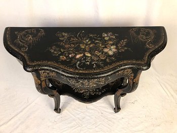 Large Napoleon III console, blackened wood with rich painted and burgundy decoration