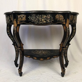 Large Napoleon III console, blackened wood with rich painted and burgundy decoration