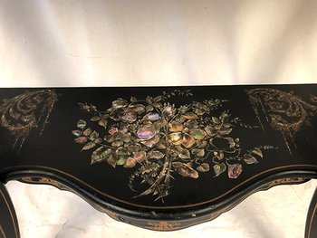 Large Napoleon III console, blackened wood with rich painted and burgundy decoration