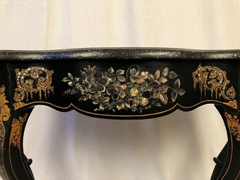 Large Napoleon III console, blackened wood with rich painted and burgundy decoration