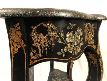 Large Napoleon III console, blackened wood with rich painted and burgundy decoration