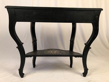 Large Napoleon III console, blackened wood with rich painted and burgundy decoration