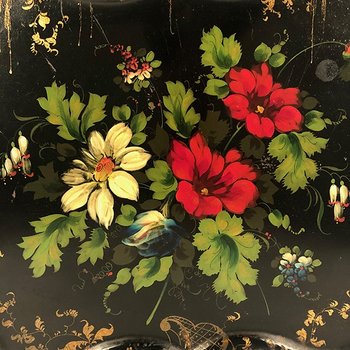 Black lacquered sheet metal tray with flower decoration