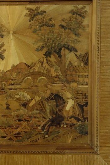 Large Table Of Straw Marquetry Hunting In The Early 19th Century