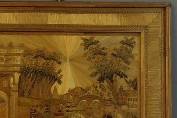 Large Table Of Straw Marquetry Hunting In The Early 19th Century