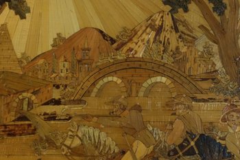 Large Table Of Straw Marquetry Hunting In The Early 19th Century