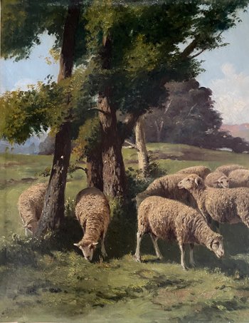 "Sheep in a meadow". Oil on canvas XIXth century. A. Brémontier. Barbizon.