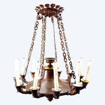 Large Restoration period gilt bronze and sheet metal chandelier with 12 lights