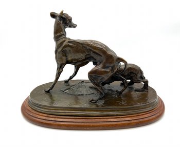 Animal bronze statue Greyhound dog and King Charles with a fan by Pierre-Jules Mène 19th