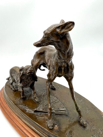 Animal bronze statue Greyhound dog and King Charles with a fan by Pierre-Jules Mène 19th