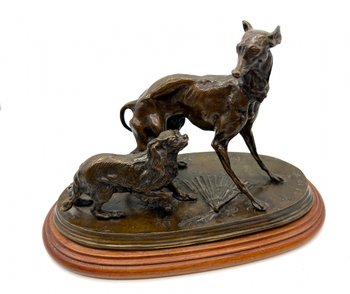 Animal bronze statue Greyhound dog and King Charles with a fan by Pierre-Jules Mène 19th