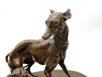 Animal bronze statue Greyhound dog and King Charles with a fan by Pierre-Jules Mène 19th