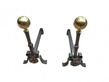 Pair Of Large Andirons In Iron And Brass From The 19th Century