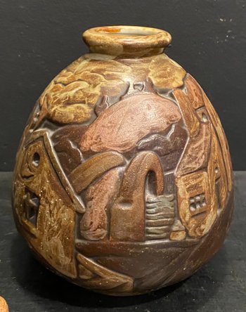 Enamelled sandstone vase signed Mougin