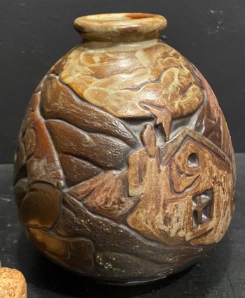 Enamelled sandstone vase signed Mougin