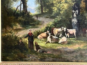 Table Oil on Canvas Painting Cows in the XIXth Forest.