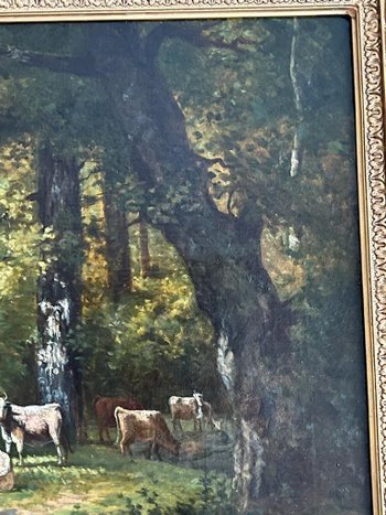 Table Oil on Canvas Painting Cows in the XIXth Forest.