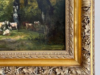 Table Oil on Canvas Painting Cows in the XIXth Forest.