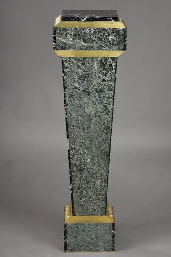 Colonna In Marmo Verde Impiallacciato E Decoro In Bronzo Dorato, Stile Impero