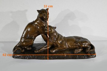 Bedeutende Bronze "Löwinnenpaar", von L. Riché - Anfang des 20. Jahrhunderts