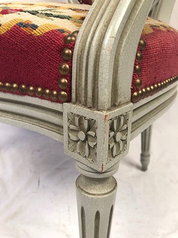 Louis XVI style armchair in gray lacquered wood, medallion backrest, upholstered with petit point tapestry