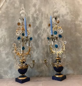 Beautiful pair of 19th century candelabra with crystals and wood