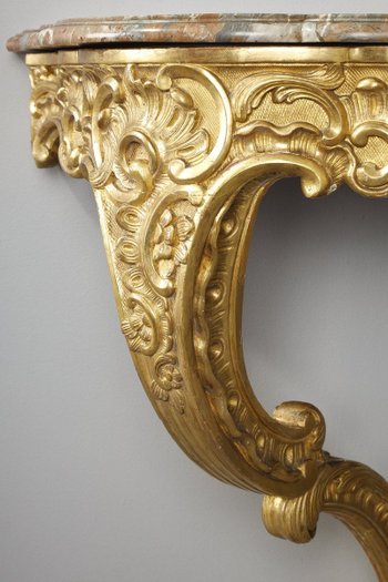 Louis XV Style Corner Console In Golden Wood And Breccia Marble Top, 19th