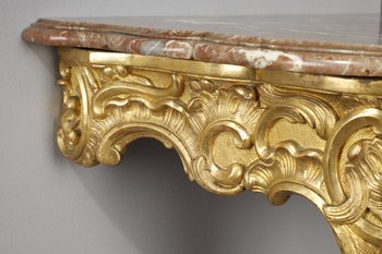 Louis XV Style Corner Console In Golden Wood And Breccia Marble Top, 19th