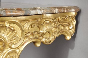 Louis XV Style Corner Console In Golden Wood And Breccia Marble Top, 19th