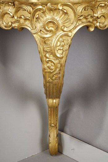 Louis XV Style Corner Console In Golden Wood And Breccia Marble Top, 19th