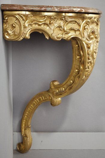 Louis XV Style Corner Console In Golden Wood And Breccia Marble Top, 19th