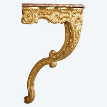 Louis XV Style Corner Console In Golden Wood And Breccia Marble Top, 19th