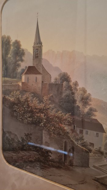 19th C, Gouache, Village On The Edge Of A Mountain Lake