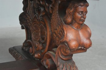 Renaissance Style Table In Carved Oak With Busts Of Women