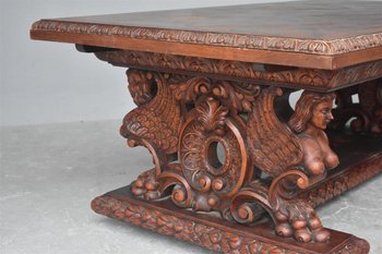 Renaissance Style Table In Carved Oak With Busts Of Women