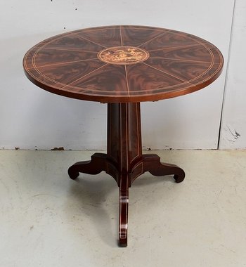 Pedestal table in mahogany burl veneer and marquetry, Charles X period - Early 19th century