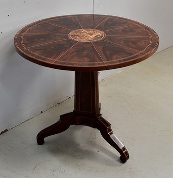 Pedestal table in mahogany burl veneer and marquetry, Charles X period - Early 19th century