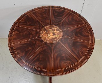 Pedestal table in mahogany burl veneer and marquetry, Charles X period - Early 19th century