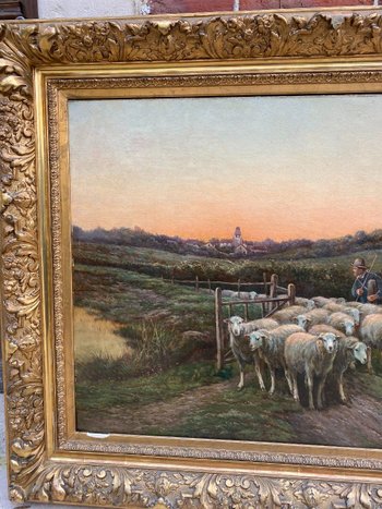 OIL ON CANVAS, FRENCH SCHOOL OF THE XIXth century, representing A TROUPLE OF SHEEP AND ITS SHEPHERD, signed V. VEZIEN