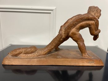 Sylvestre Clerc - Enfant Tirant Un Serpent Sculpture Terre Cuite Susse Frères