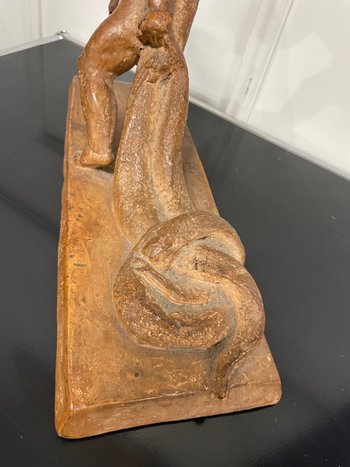 Sylvestre Clerc - Enfant Tirant Un Serpent Sculpture Terre Cuite Susse Frères