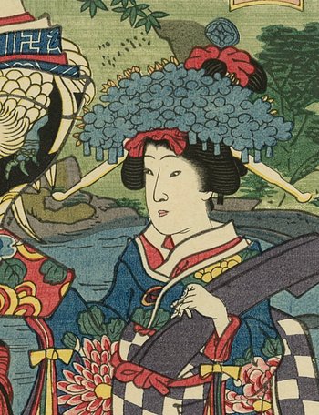 Toyohara KUNICHIKA, Japanese print, ukiyo-e, Geisha rooster and flowers