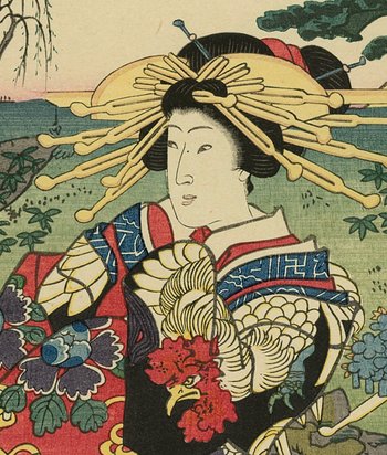 Toyohara KUNICHIKA, Japanese print, ukiyo-e, Geisha rooster and flowers